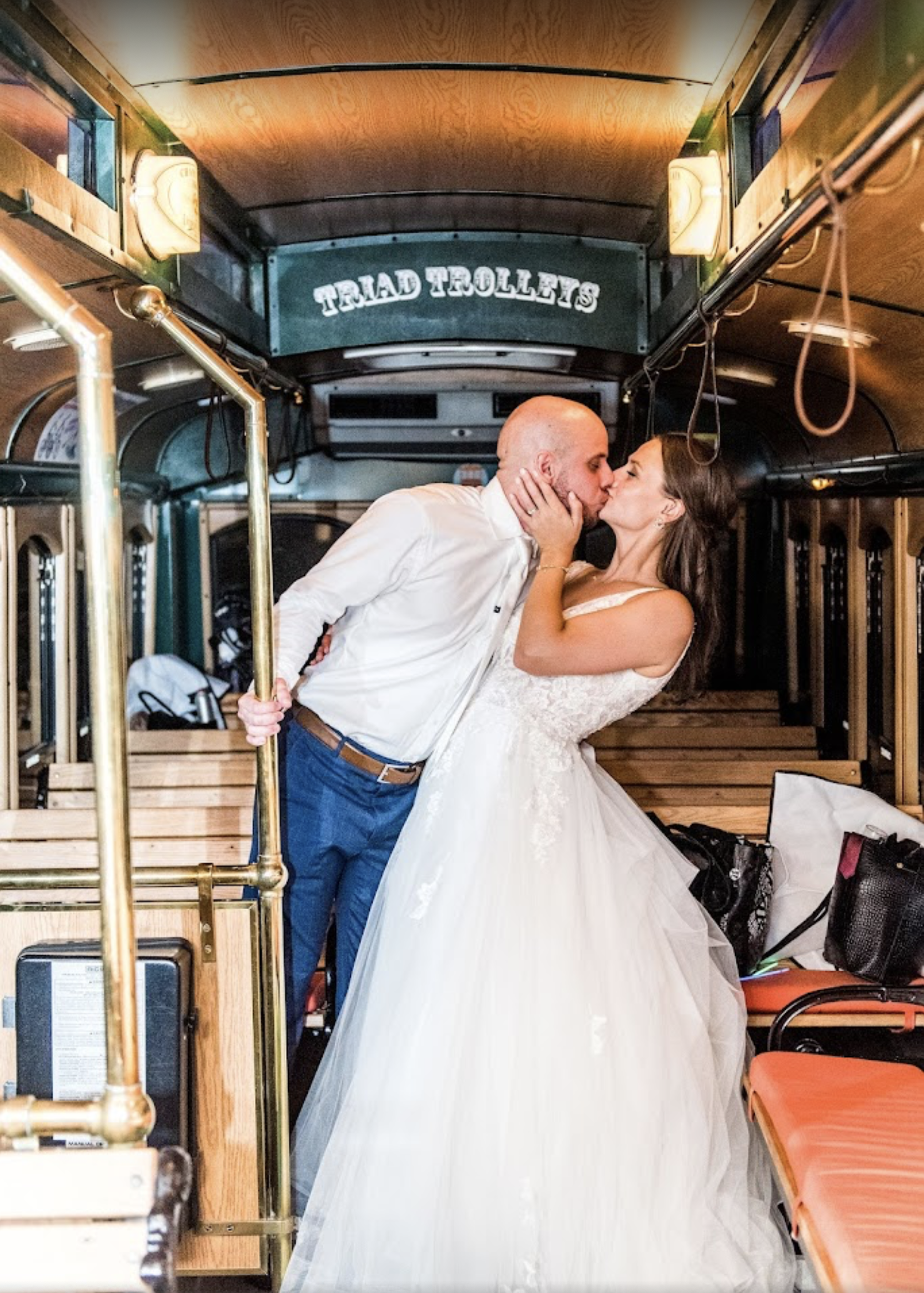 Bride and groom in Trolly